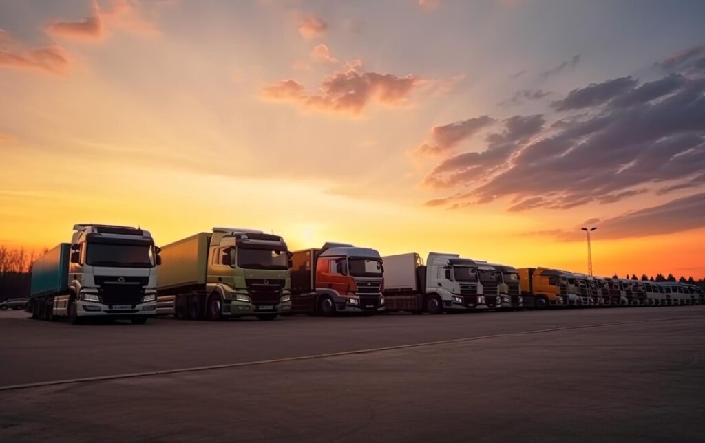 many transport trucks parked service station sunset ai generative 1